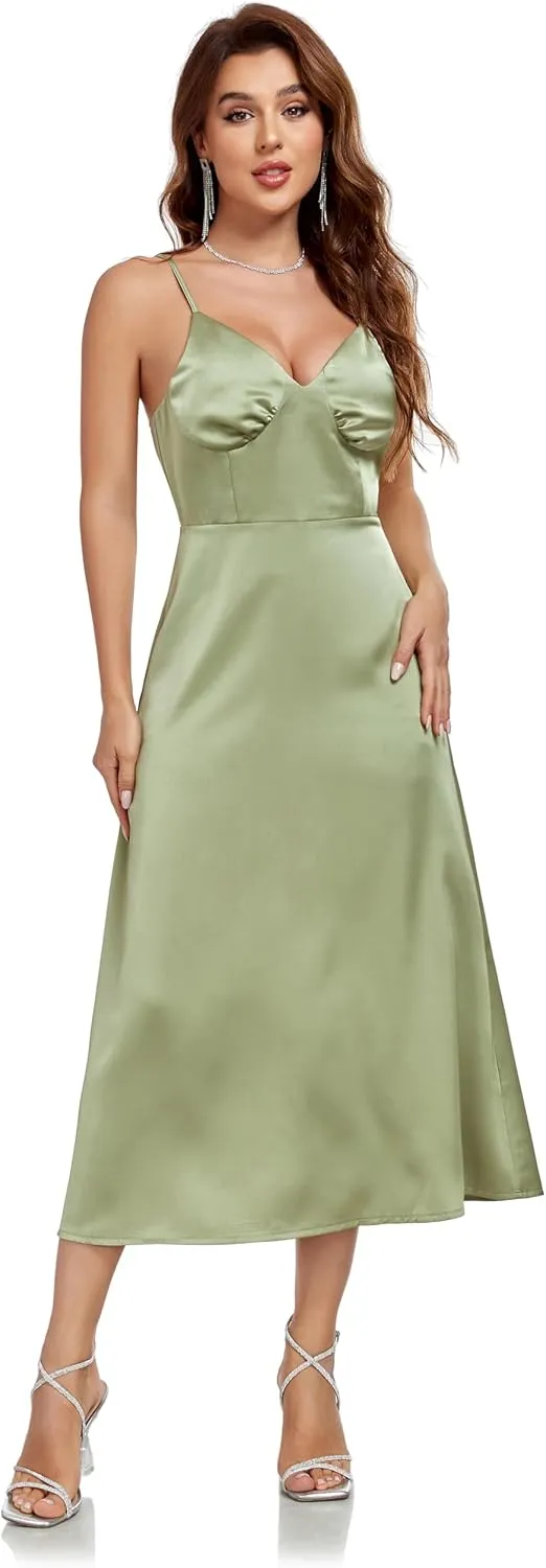 Women's Spaghetti Strap Midi Satin Silk Dress Slip V Neck Cocktail Casual Party Sexy Summer Dresses