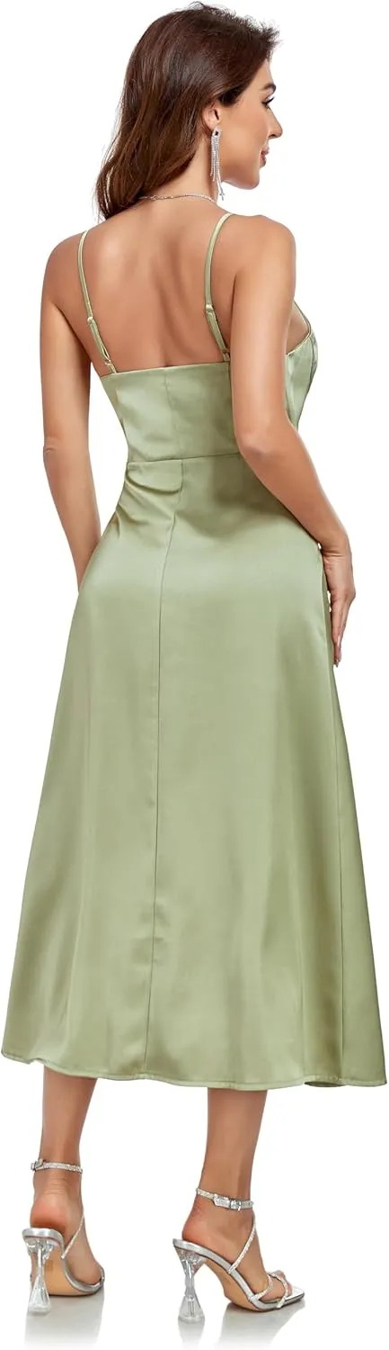 Women's Spaghetti Strap Midi Satin Silk Dress Slip V Neck Cocktail Casual Party Sexy Summer Dresses