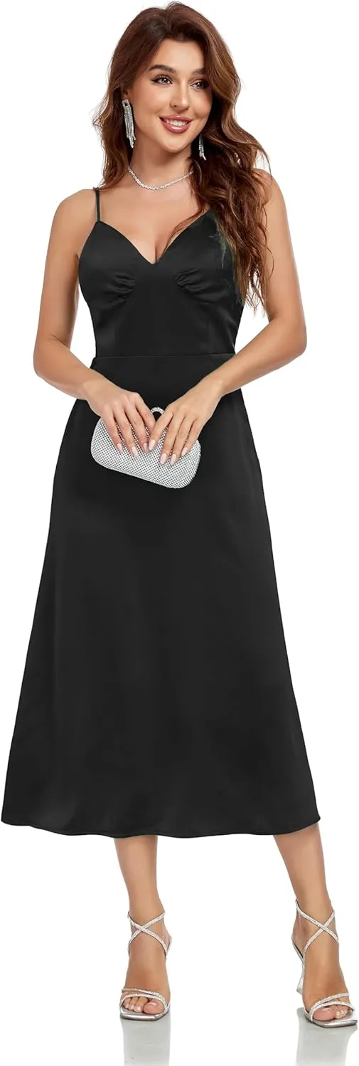 Women's Spaghetti Strap Midi Satin Silk Dress Slip V Neck Cocktail Casual Party Sexy Summer Dresses