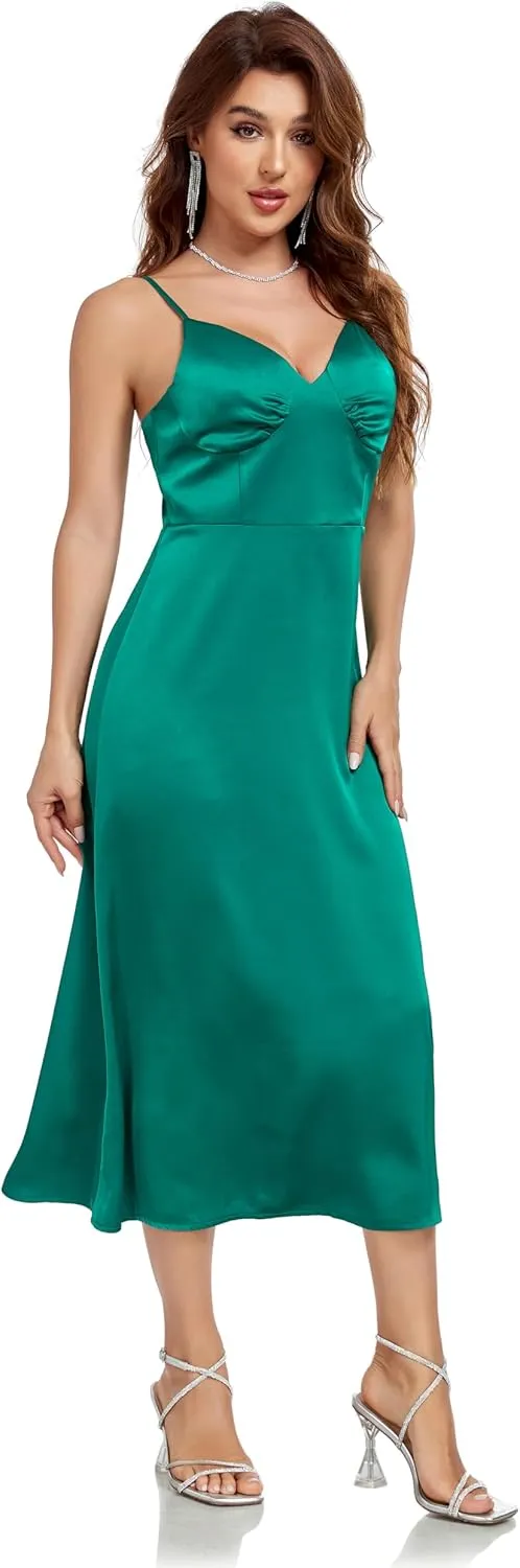 Women's Spaghetti Strap Midi Satin Silk Dress Slip V Neck Cocktail Casual Party Sexy Summer Dresses