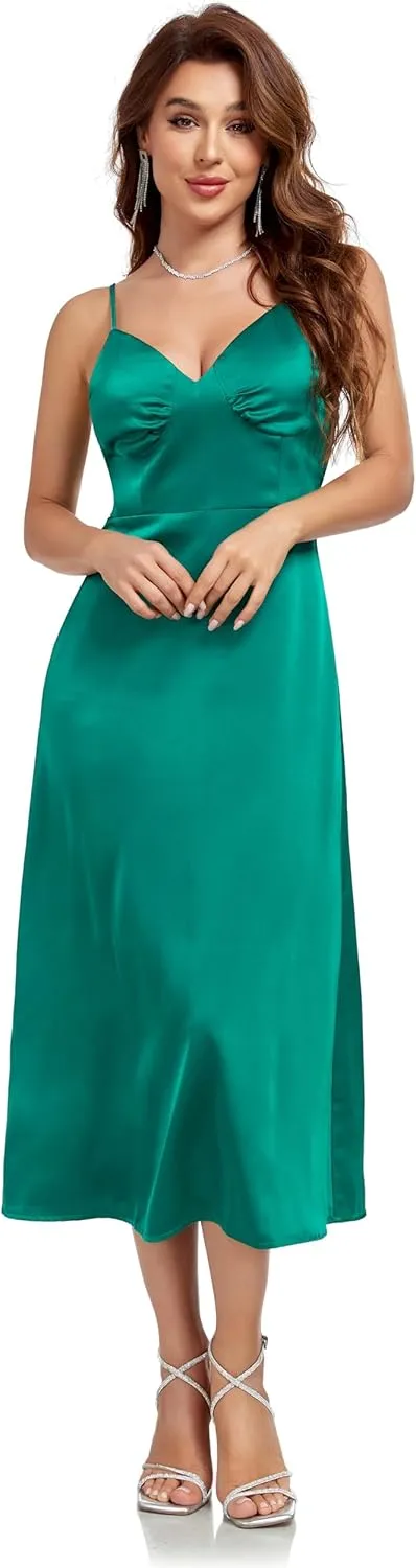 Women's Spaghetti Strap Midi Satin Silk Dress Slip V Neck Cocktail Casual Party Sexy Summer Dresses
