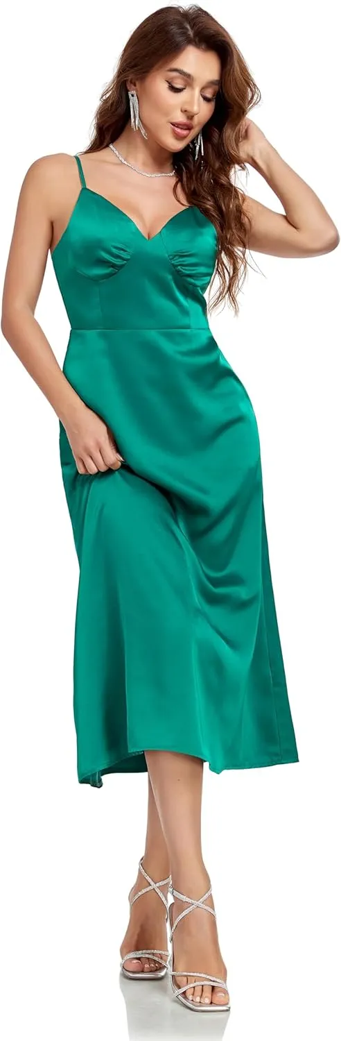 Women's Spaghetti Strap Midi Satin Silk Dress Slip V Neck Cocktail Casual Party Sexy Summer Dresses
