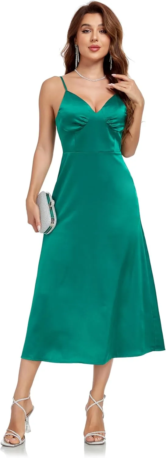 Women's Spaghetti Strap Midi Satin Silk Dress Slip V Neck Cocktail Casual Party Sexy Summer Dresses