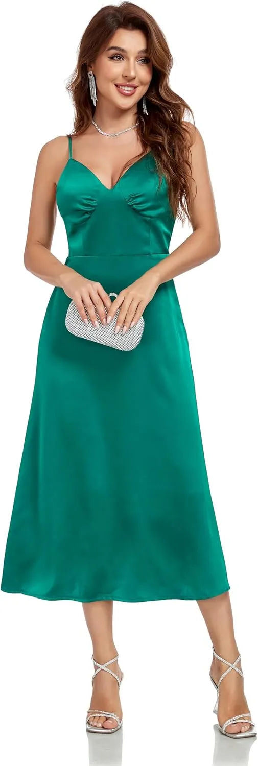 Women's Spaghetti Strap Midi Satin Silk Dress Slip V Neck Cocktail Casual Party Sexy Summer Dresses